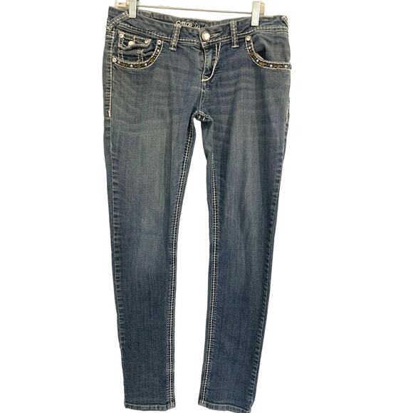 Grace In LA Studded Skinny Jeans 11/32 Blue Embellished Thick Stitch Flap Pocket - Picture 2 of 10